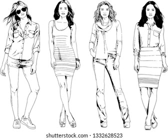 vector drawings on the theme of beautiful slim sporty girl in casual clothes in various poses painted ink hand sketch with no background