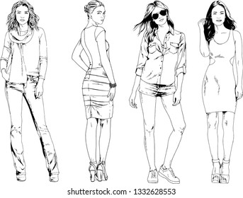 vector drawings on the theme of beautiful slim sporty girl in casual clothes in various poses painted ink hand sketch with no background