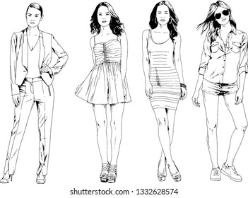 vector drawings on the theme of beautiful slim sporty girl in casual clothes in various poses painted ink hand sketch with no background