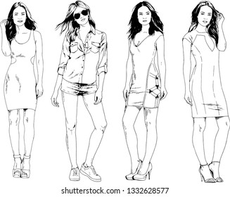 vector drawings on the theme of beautiful slim sporty girl in casual clothes in various poses painted ink hand sketch with no background