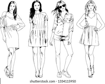 vector drawings on the theme of beautiful slim sporty girl in casual clothes in various poses painted ink hand sketch with no background