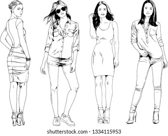vector drawings on the theme of beautiful slim sporty girl in casual clothes in various poses painted ink hand sketch with no background