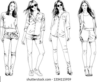 vector drawings on the theme of beautiful slim sporty girl in casual clothes in various poses painted ink hand sketch with no background