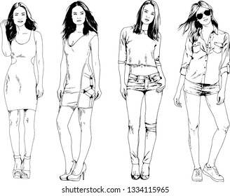 vector drawings on the theme of beautiful slim sporty girl in casual clothes in various poses painted ink hand sketch with no background