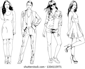 vector drawings on the theme of beautiful slim sporty girl in casual clothes in various poses painted ink hand sketch with no background