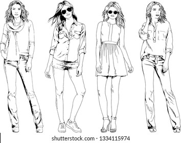 vector drawings on the theme of beautiful slim sporty girl in casual clothes in various poses painted ink hand sketch with no background