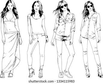 vector drawings on the theme of beautiful slim sporty girl in casual clothes in various poses painted ink hand sketch with no background