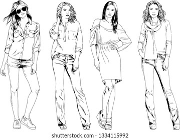 vector drawings on the theme of beautiful slim sporty girl in casual clothes in various poses painted ink hand sketch with no background