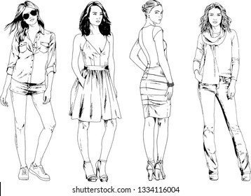 vector drawings on the theme of beautiful slim sporty girl in casual clothes in various poses painted ink hand sketch with no background