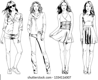 vector drawings on the theme of beautiful slim sporty girl in casual clothes in various poses painted ink hand sketch with no background