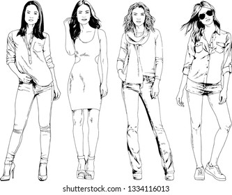 vector drawings on the theme of beautiful slim sporty girl in casual clothes in various poses painted ink hand sketch with no background
