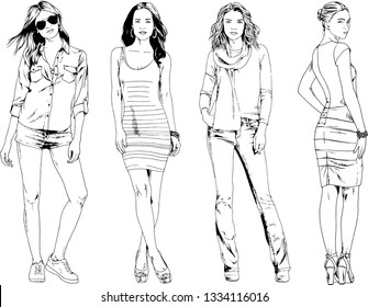 vector drawings on the theme of beautiful slim sporty girl in casual clothes in various poses painted ink hand sketch with no background