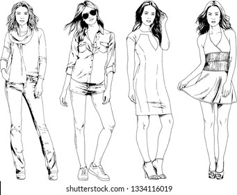 vector drawings on the theme of beautiful slim sporty girl in casual clothes in various poses painted ink hand sketch with no background