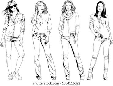 vector drawings on the theme of beautiful slim sporty girl in casual clothes in various poses painted ink hand sketch with no background