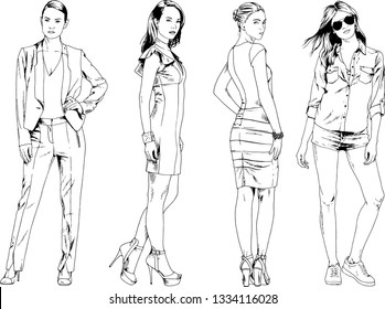 vector drawings on the theme of beautiful slim sporty girl in casual clothes in various poses painted ink hand sketch with no background