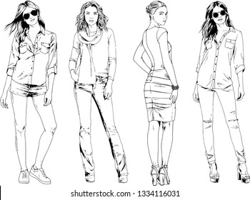 vector drawings on the theme of beautiful slim sporty girl in casual clothes in various poses painted ink hand sketch with no background