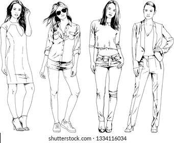 vector drawings on the theme of beautiful slim sporty girl in casual clothes in various poses painted ink hand sketch with no background