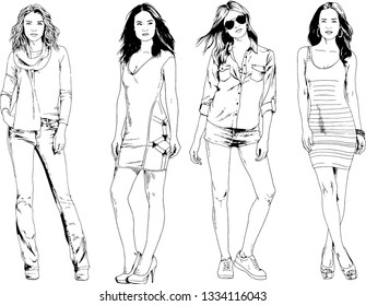 vector drawings on the theme of beautiful slim sporty girl in casual clothes in various poses painted ink hand sketch with no background
