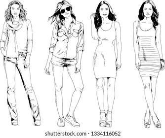 vector drawings on the theme of beautiful slim sporty girl in casual clothes in various poses painted ink hand sketch with no background