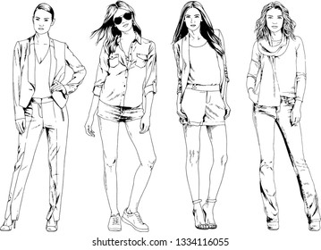 vector drawings on the theme of beautiful slim sporty girl in casual clothes in various poses painted ink hand sketch with no background