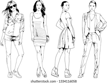vector drawings on the theme of beautiful slim sporty girl in casual clothes in various poses painted ink hand sketch with no background