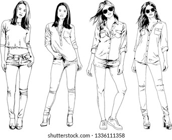 vector drawings on the theme of beautiful slim sporty girl in casual clothes in various poses painted ink hand sketch with no background