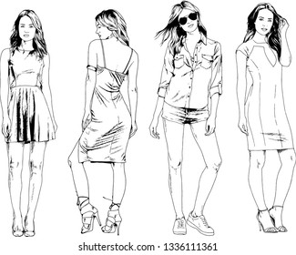 vector drawings on the theme of beautiful slim sporty girl in casual clothes in various poses painted ink hand sketch with no background