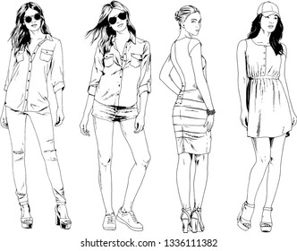 vector drawings on the theme of beautiful slim sporty girl in casual clothes in various poses painted ink hand sketch with no background
