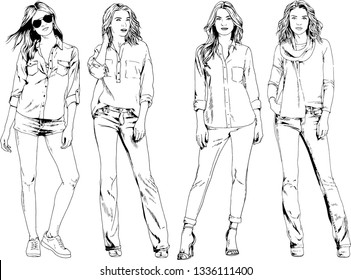 vector drawings on the theme of beautiful slim sporty girl in casual clothes in various poses painted ink hand sketch with no background