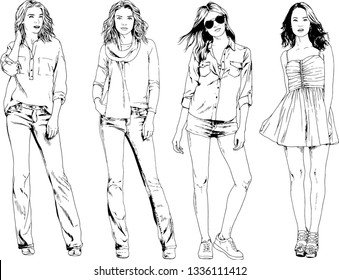 vector drawings on the theme of beautiful slim sporty girl in casual clothes in various poses painted ink hand sketch with no background