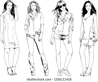 vector drawings on the theme of beautiful slim sporty girl in casual clothes in various poses painted ink hand sketch with no background