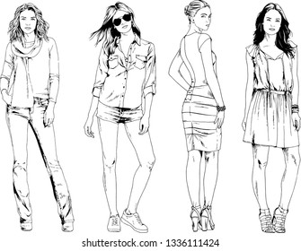 vector drawings on the theme of beautiful slim sporty girl in casual clothes in various poses painted ink hand sketch with no background