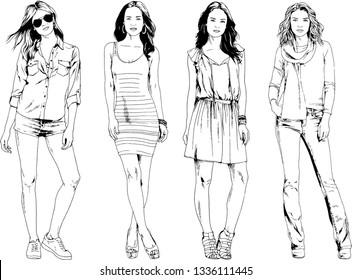 vector drawings on the theme of beautiful slim sporty girl in casual clothes in various poses painted ink hand sketch with no background