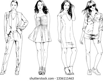 vector drawings on the theme of beautiful slim sporty girl in casual clothes in various poses painted ink hand sketch with no background