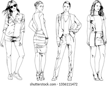 vector drawings on the theme of beautiful slim sporty girl in casual clothes in various poses painted ink hand sketch with no background