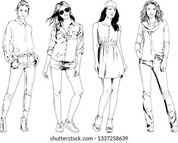 vector drawings on the theme of beautiful slim sporty girl in casual clothes in various poses painted ink hand sketch with no background