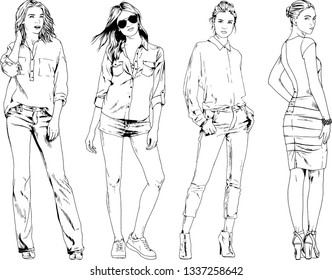 vector drawings on the theme of beautiful slim sporty girl in casual clothes in various poses painted ink hand sketch with no background