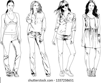 vector drawings on the theme of beautiful slim sporty girl in casual clothes in various poses painted ink hand sketch with no background