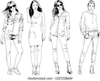 vector drawings on the theme of beautiful slim sporty girl in casual clothes in various poses painted ink hand sketch with no background