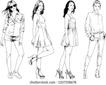 vector drawings on the theme of beautiful slim sporty girl in casual clothes in various poses painted ink hand sketch with no background