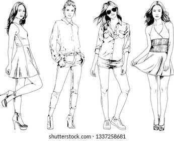 vector drawings on the theme of beautiful slim sporty girl in casual clothes in various poses painted ink hand sketch with no background