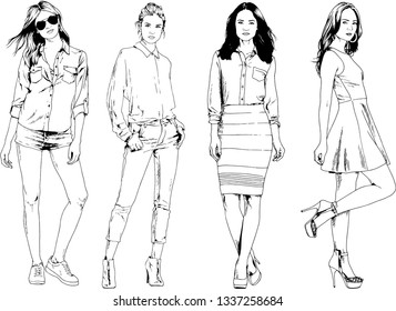 vector drawings on the theme of beautiful slim sporty girl in casual clothes in various poses painted ink hand sketch with no background