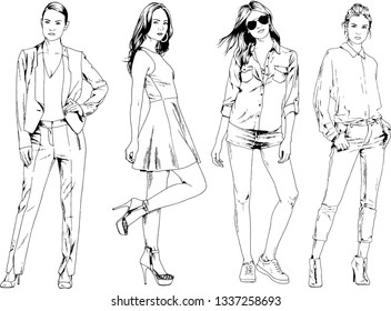 vector drawings on the theme of beautiful slim sporty girl in casual clothes in various poses painted ink hand sketch with no background