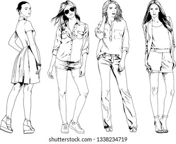 vector drawings on the theme of beautiful slim sporty girl in casual clothes in various poses painted ink hand sketch with no background