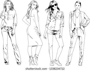 vector drawings on the theme of beautiful slim sporty girl in casual clothes in various poses painted ink hand sketch with no background