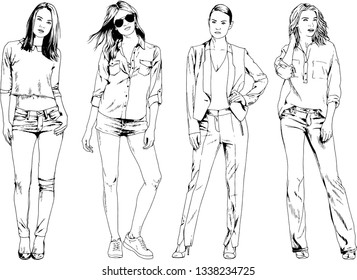 vector drawings on the theme of beautiful slim sporty girl in casual clothes in various poses painted ink hand sketch with no background