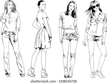 vector drawings on the theme of beautiful slim sporty girl in casual clothes in various poses painted ink hand sketch with no background