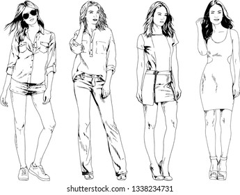 vector drawings on the theme of beautiful slim sporty girl in casual clothes in various poses painted ink hand sketch with no background