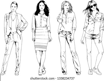 vector drawings on the theme of beautiful slim sporty girl in casual clothes in various poses painted ink hand sketch with no background