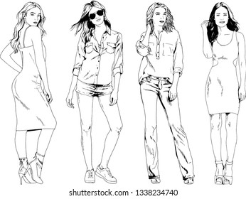 vector drawings on the theme of beautiful slim sporty girl in casual clothes in various poses painted ink hand sketch with no background